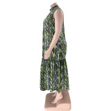 Summer Stand Collar Sleeveless Print Plus Size Women's Stylish Loose Long Dress