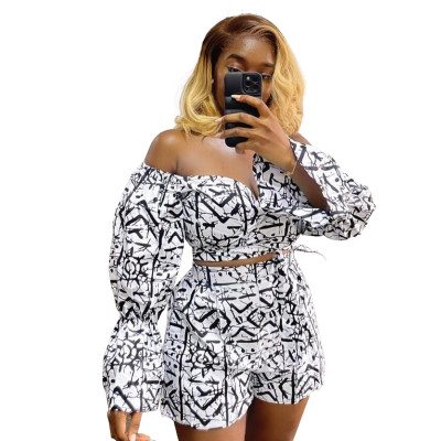 Sexy Slim Abstract Print Lace-Up Plus Size High Waist Shorts Two-Piece Set