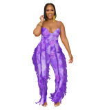 Women's Set Printed Fringed Lace Camisole Bodysuit + Pants Two-Piece