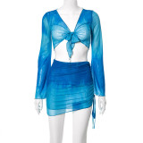 Ladies Spring Tie Dye Printed V-Neck Crop Pleated Mesh Skirt Suit Women