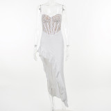 lace Patchwork Sexy See-Through Strap Ruffled Women Summer Long Dress
