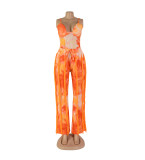 Women's Set Printed Fringed Lace Camisole Bodysuit + Pants Two-Piece