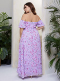Plus Size Women's Strapless Off Shoulder Dress Lace-Up Puff Sleeve Low Back Print Maxi Dress