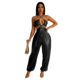 fashion sexy wrap chest hollow Low Back tie pu Jumpsuit for women
