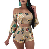 Women's Fashion Print Off Shoulder Bell Bottom Sleeve Two-Piece Set