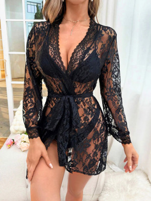Sexy Black Lace See Through Midnight Robe