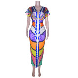 Printed women's v-neck Tight Fitting skirt dress ethnic style slit positioning pleated dress