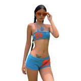 Summer Women's Low Neck Knitting Contrast Color Strapless Slim Fit Casual Two Piece Shorts Set
