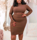 Plus Size Long Sleeve Round Neck Tight Fitting Plus Size Two-Piece Skirt Set