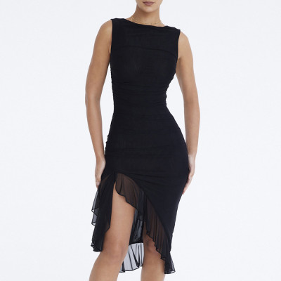 Women's Fashion Mesh Pleated Ruffle Irregular Mid Length Slim Low Back Sleeveless Dress