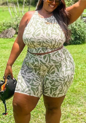 Sexy Summer Print Sleeveless Plus Size Two-Piece Shorts Set