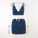 Summer Sexy Straps Low Back Cropped Top High Waist Bodycon Denim Skirt Two Piece Set