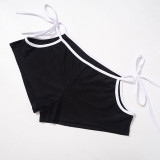 Women's Summer Color Block Cropped Short Sleeve T-Shirt Top Lace-Up Shorts Two Piece Set