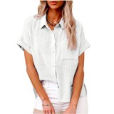 Women's Solid Linen Shirt Short Sleeve Casual Loose Shirt