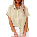 Women's Solid Linen Shirt Short Sleeve Casual Loose Shirt