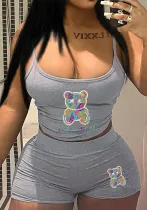 Fashion Sexy Women's Clothing Print Straps Top Shorts Two Piece Set