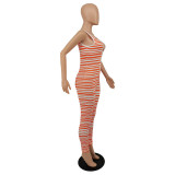 One-piece fashion stripe Jumpsuit deep v tie zipper