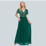 Women's Plus Size Evening Gown Short Sleeve V-Neck Sequin Patchwork Chiffona Letter Swing Dress