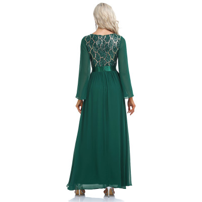 chiffon Patchwork sequined long skirt v-neck long-sleeved a hem elastic waist evening dress