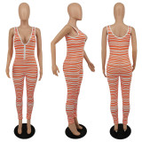 One-piece fashion stripe Jumpsuit deep v tie zipper