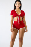 Women's Stretch Casual Sport Sexy Low Cut Lace-up Bolero Shorts Two-Piece Set