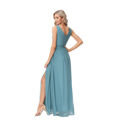 Women's chiffon long dress double v-neck sleeveless a swing evening dress
