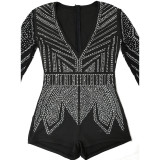 Sexy Deep V-Neck See-Through Polyester Mesh Long Sleeve Patchwork Slim Jumpsuit