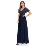 Women's Plus Size Evening Gown Short Sleeve V-Neck Sequin Patchwork Chiffona Letter Swing Dress