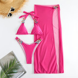 Bright diamond solid color mesh Three-Piece swimsuit bikini