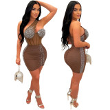 Sexy Slash Shoulder Beaded Bodycon A-Line Skirt See-Through Dress Women