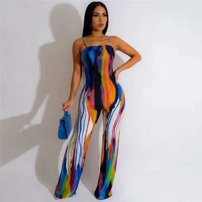 Summer Women sexy suspender print color contrast Jumpsuit