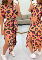 Women Leopard Short Sleeve Lace-Up Casual Dress
