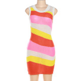 Summer Women sexy sleeveless color contrast knitting dress