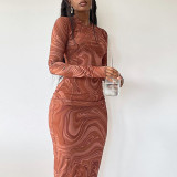 Women Round Neck Long Sleeve Printed Bodycon Maxi Dress