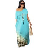 Women Slash Shoulder V-Neck Print Oversized Dress