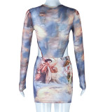 Women Round Neck See-Through Long Sleeve Character Print Bodysuit and Mini Skirt Two-Piece Set