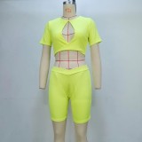Women Summer Short Sleeve Cutout Crop Top Shorts Sports Two-Piece Set