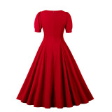 Women Vintage Puff Short Sleeve Round Neck Dress