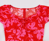 Women Summer Casual Print Lace-Up Maxi Dress