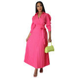 Women Long Sleeve Polo Neck Pleated Dress