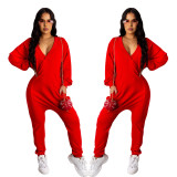 Women Casual Loose Solid Deep V Jumpsuit