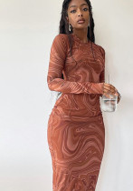 Women Round Neck Long Sleeve Printed Bodycon Maxi Dress