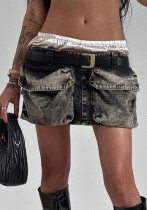 Low Waist Punk Belt Denim Skirt Retro Fashion Versatile Miniskirt Women