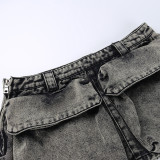 Low Waist Punk Belt Denim Skirt Retro Fashion Versatile Miniskirt Women