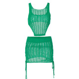 Women's Summer Square Neck Crop Vest Hollow Out Knitting Miniskirt Two-Piece Set