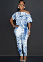 Women's Summer Fashion Drawstring Corset Print Slash Shoulder Jumpsuit
