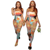 Women's Summer Tight Fitting Print Wrap Chest Pants Casual Set