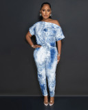Women's Summer Fashion Drawstring Corset Print Slash Shoulder Jumpsuit
