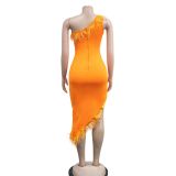Solid color V-neck sleeveless feather irregular skirt dress
