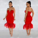 Women's Solid Color Sexy Strapless See-Through Mesh Bodycon Dress